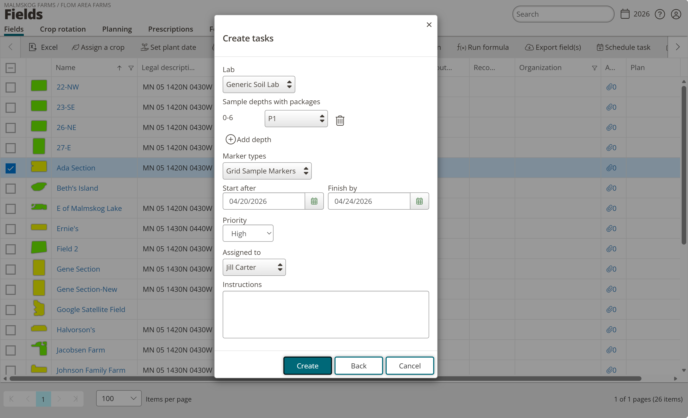 The final Create tasks step showing Lab, sample depth with package, marker type, dates, priority, and assignee fields.