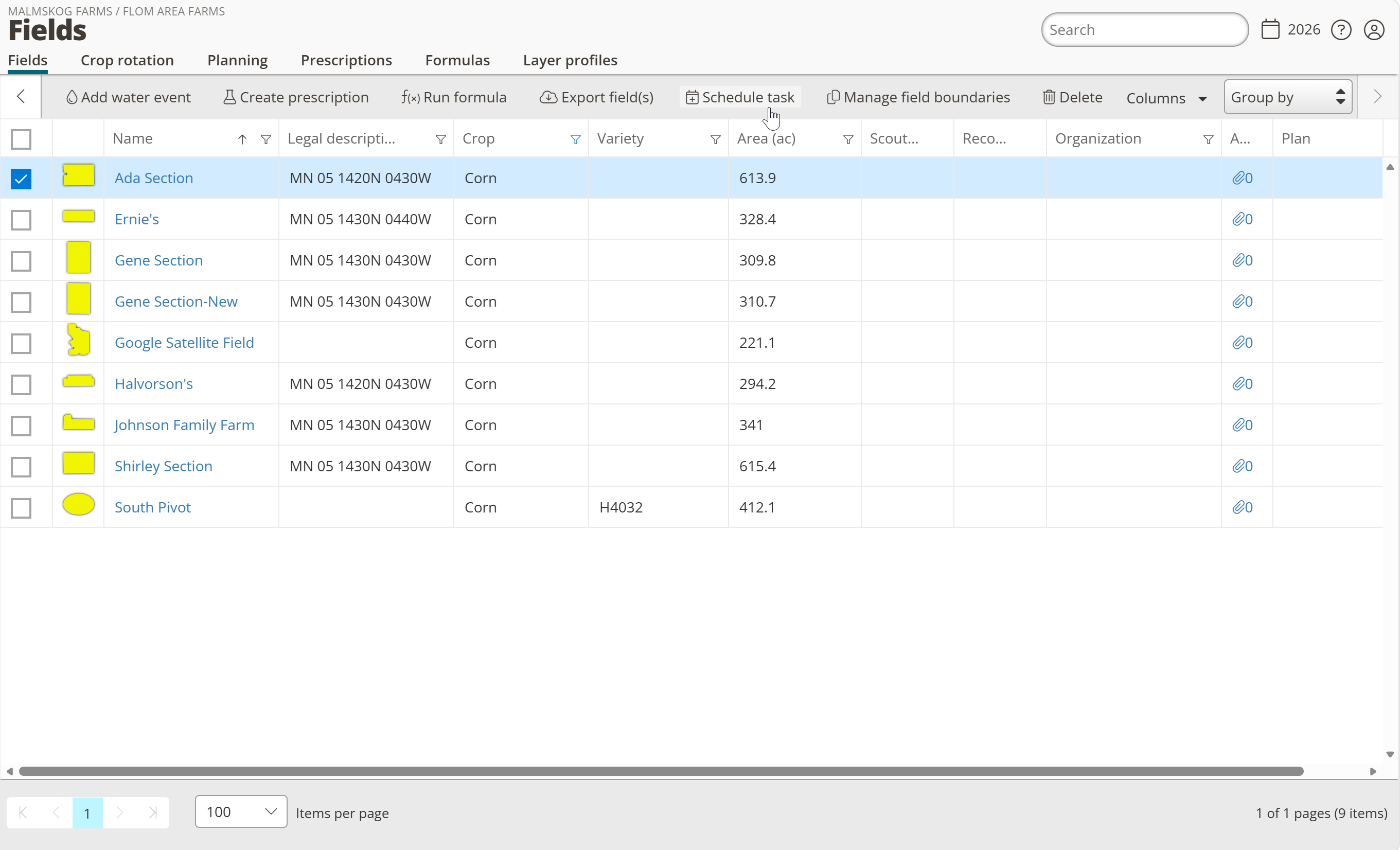 The Fields page with a field selected and the Schedule task button highlighted at the top.