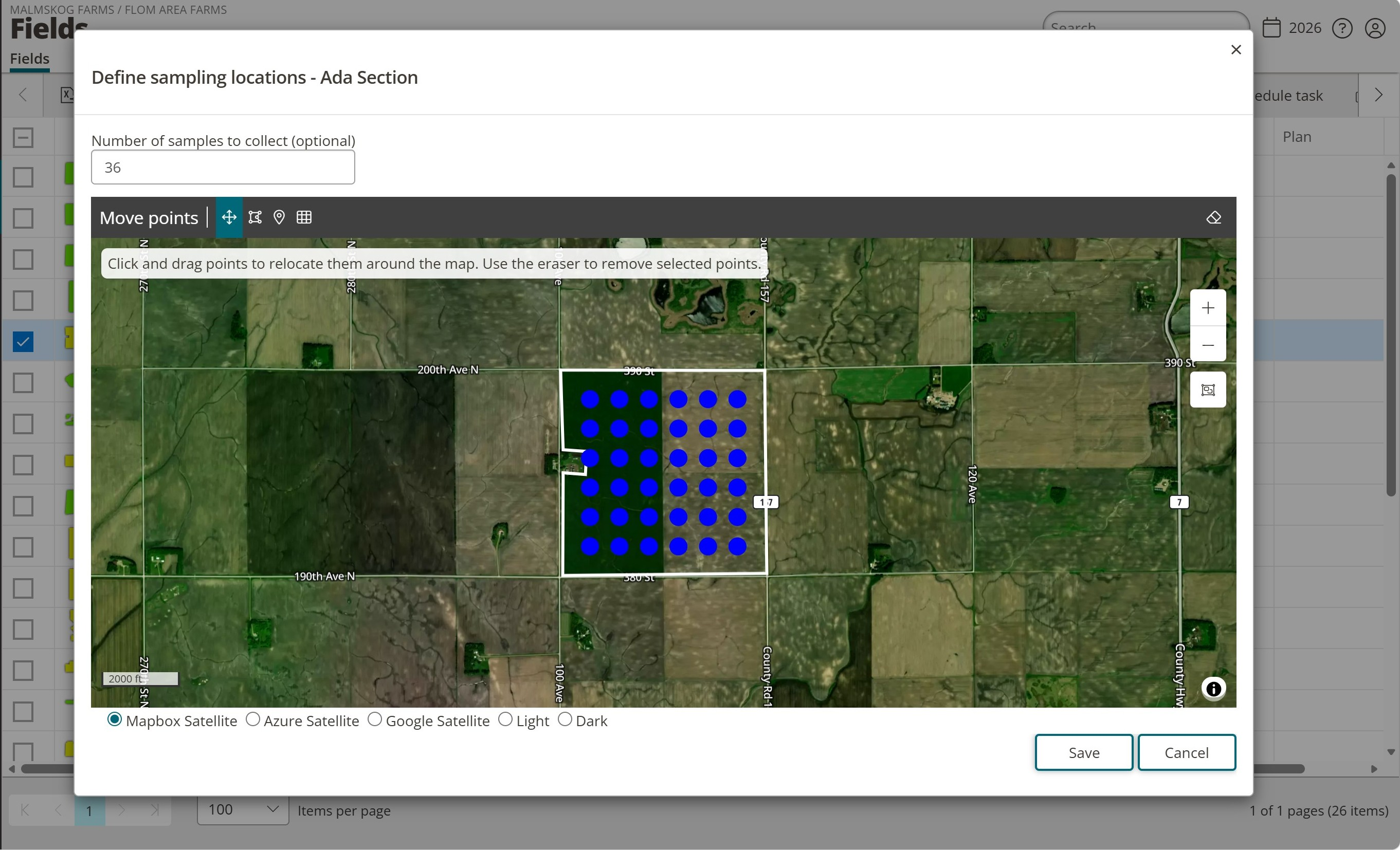 The Define sampling locations window with a grid of sample points applied over a field boundary.