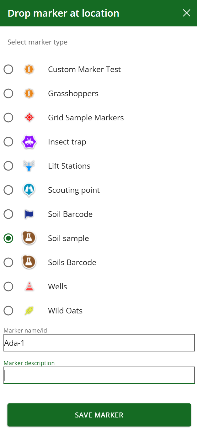 The Drop marker at location dialog with Soil sample selected as the marker type and a name entered in the Marker name/id field.