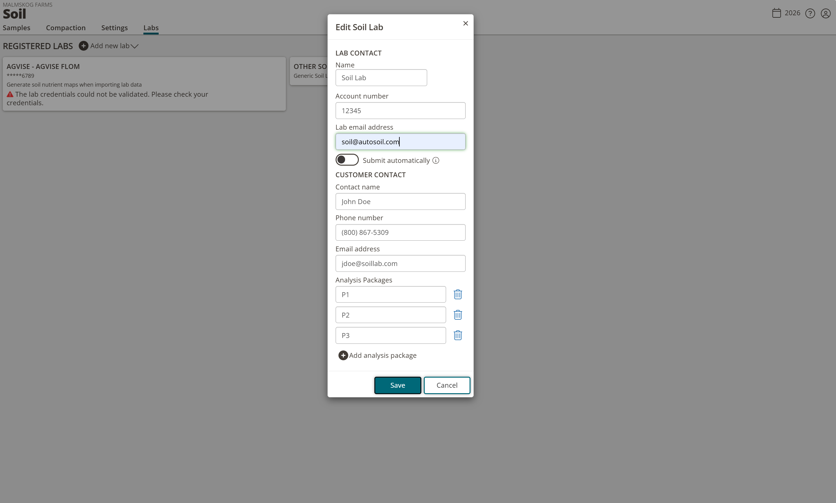 The Add Other soil lab dialog showing Name, Account number, Contact name, Phone number, Email address, and Analysis Packages fields.