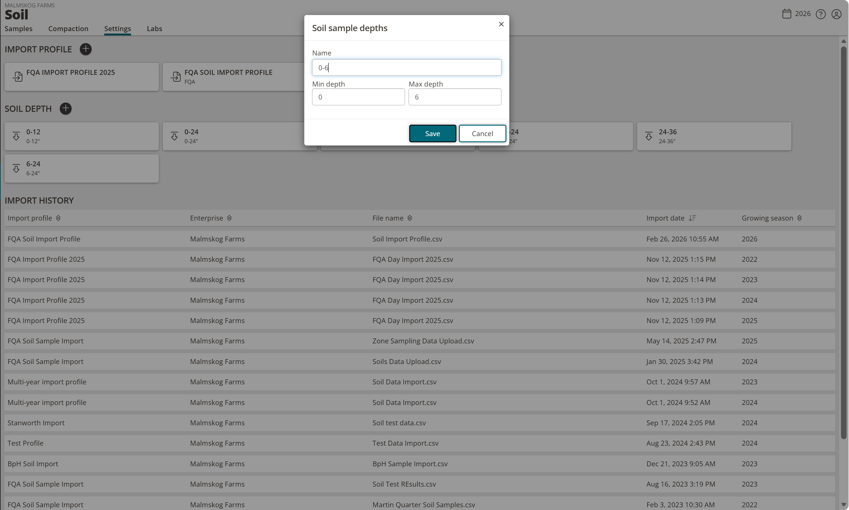 The Soil sample depths dialog showing Name, Min depth, and Max depth fields.