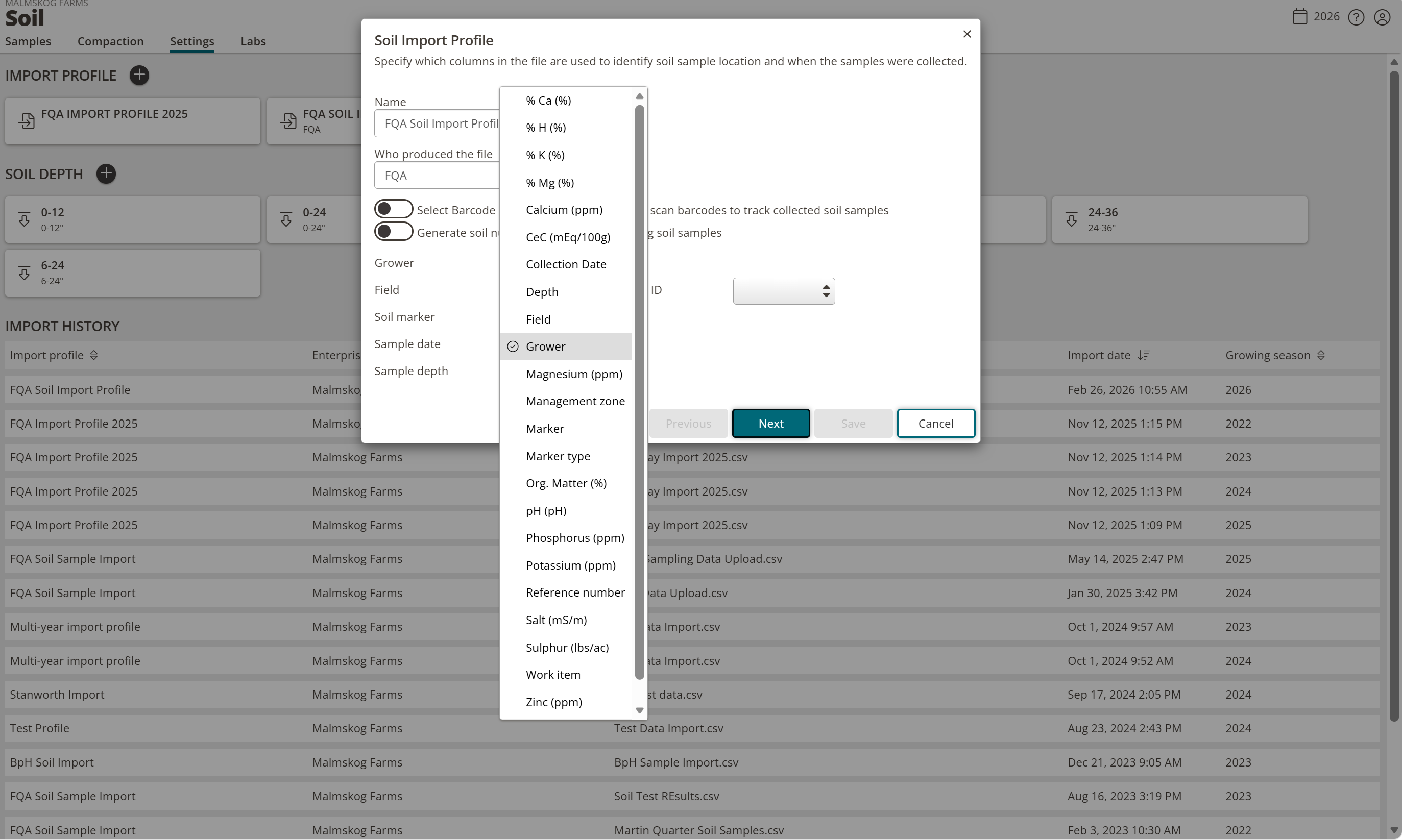 The Soil Import Profile dialog showing Name, Who produced the file, Grower, Field, Sample ID, and Sample date fields with column dropdowns.