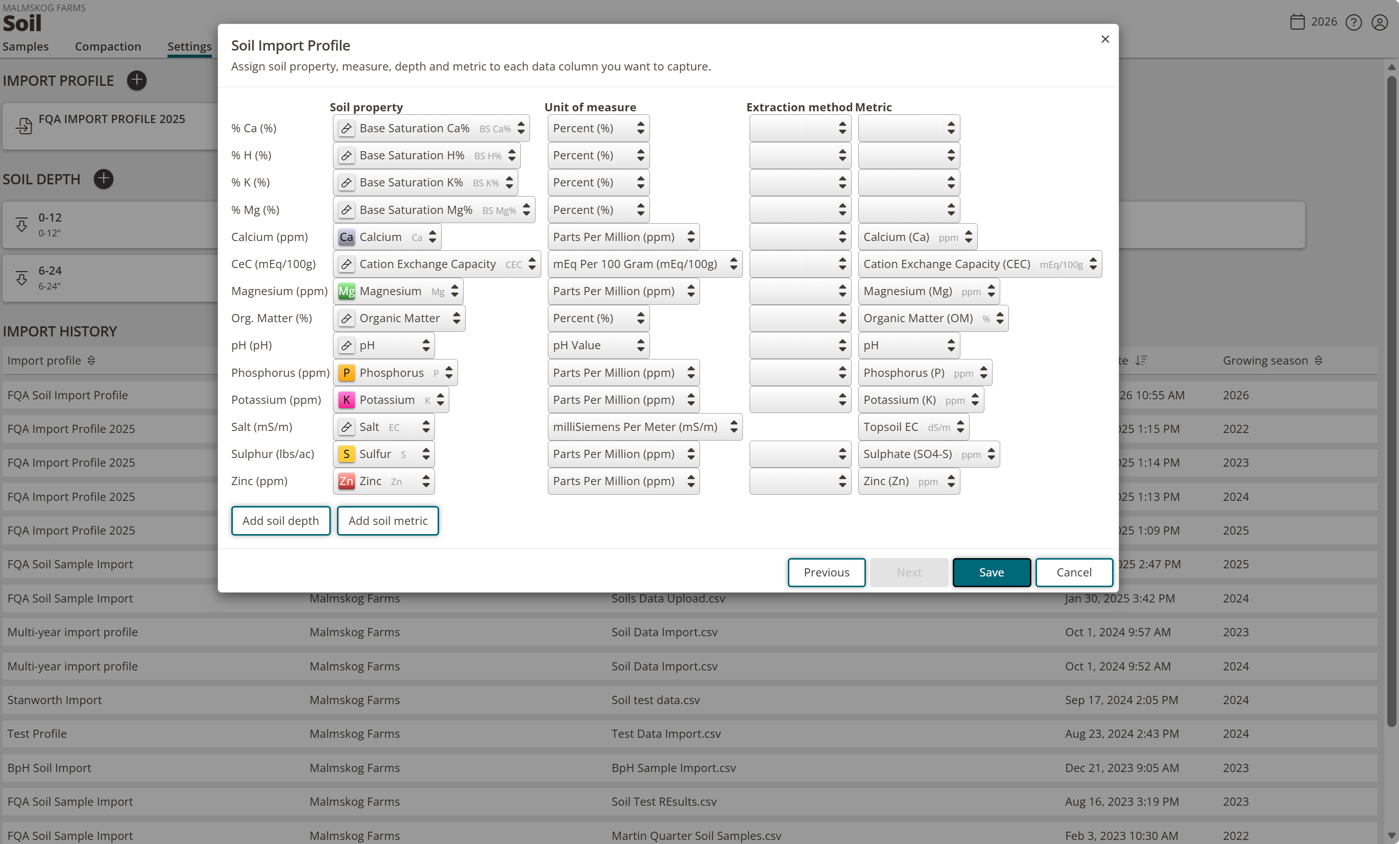 The Soil Import Profile final page showing Soil property, Unit of measure, Depth, and Metric dropdowns for each imported column.