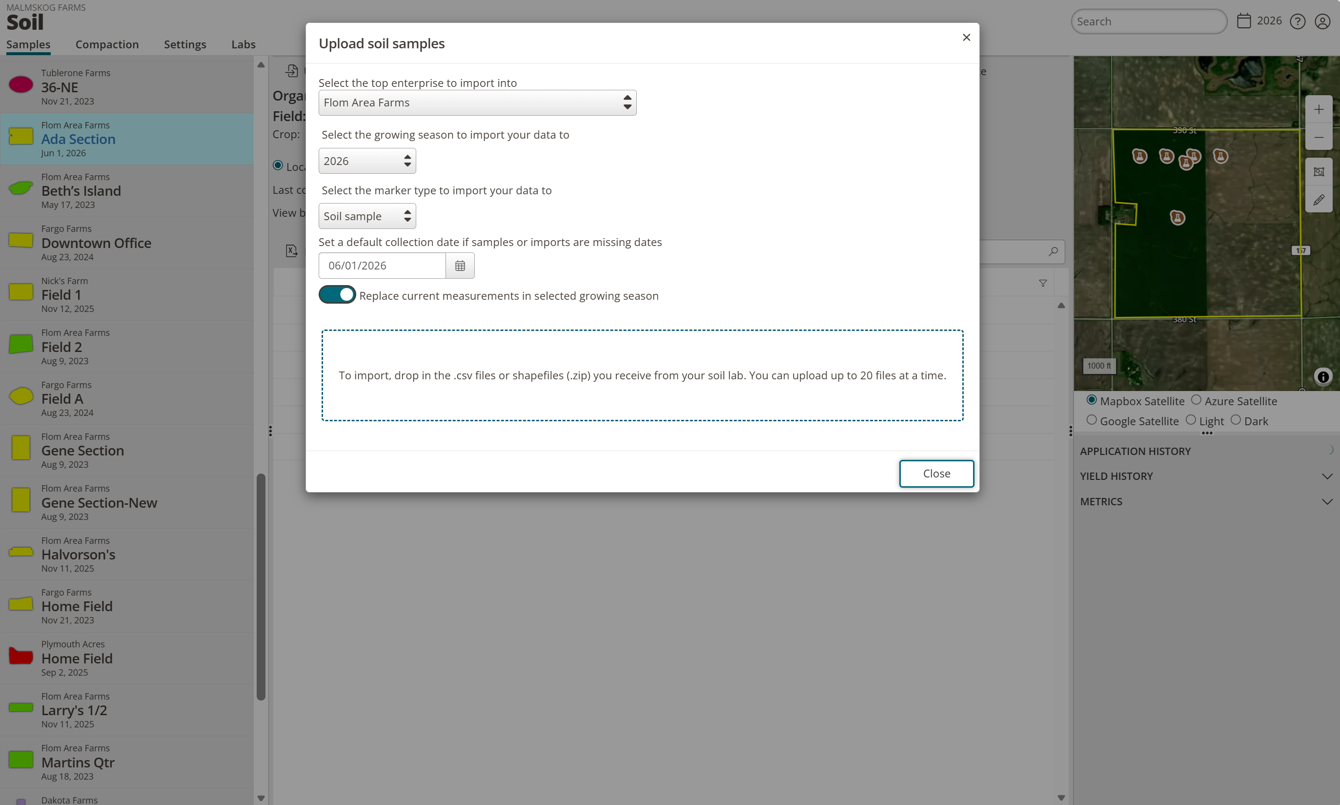 The Upload soil samples dialog showing enterprise, growing season, marker type, and sample date fields with a CSV file drop area.