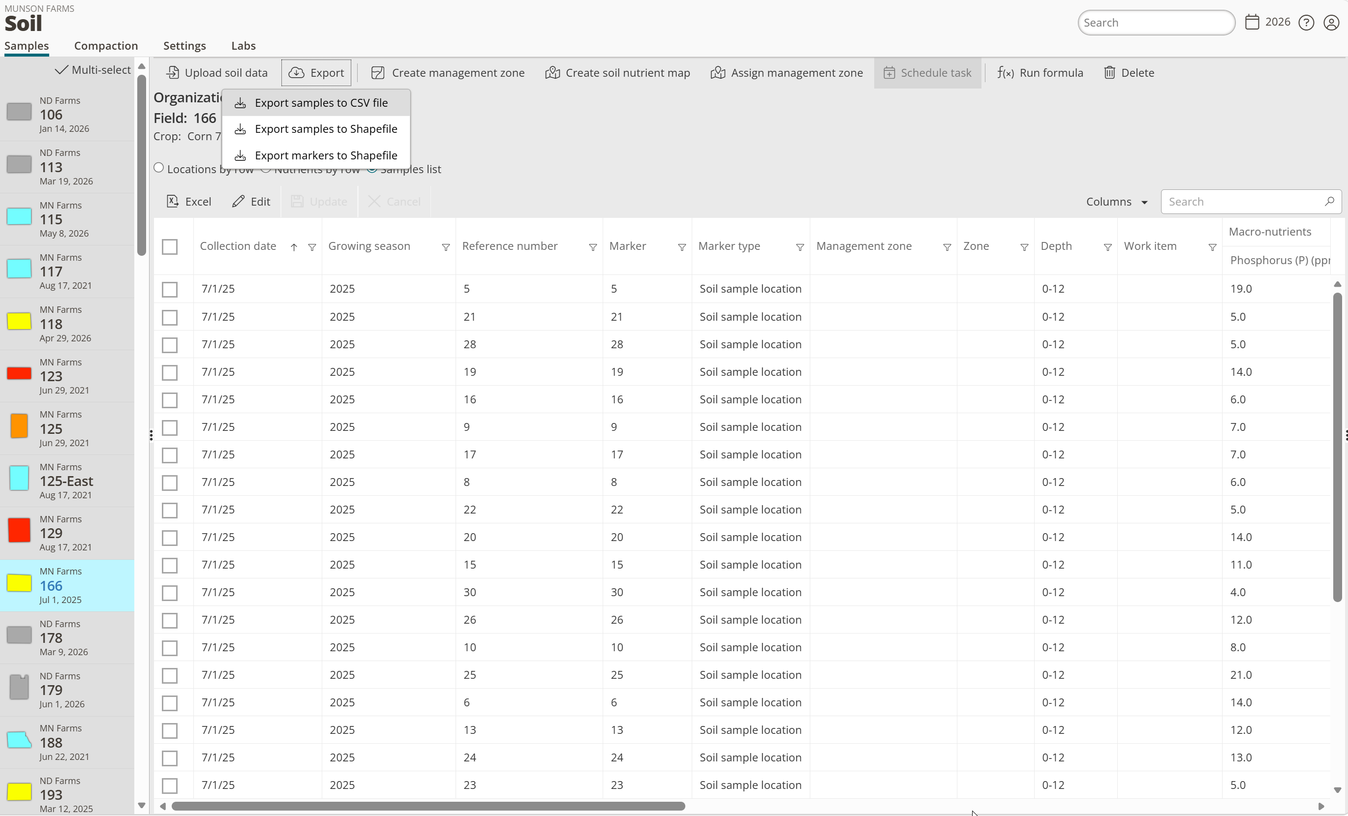 The Export dropdown showing Export samples to CSV file, Export samples to Shapefile, and Export markers to Shapefile options.