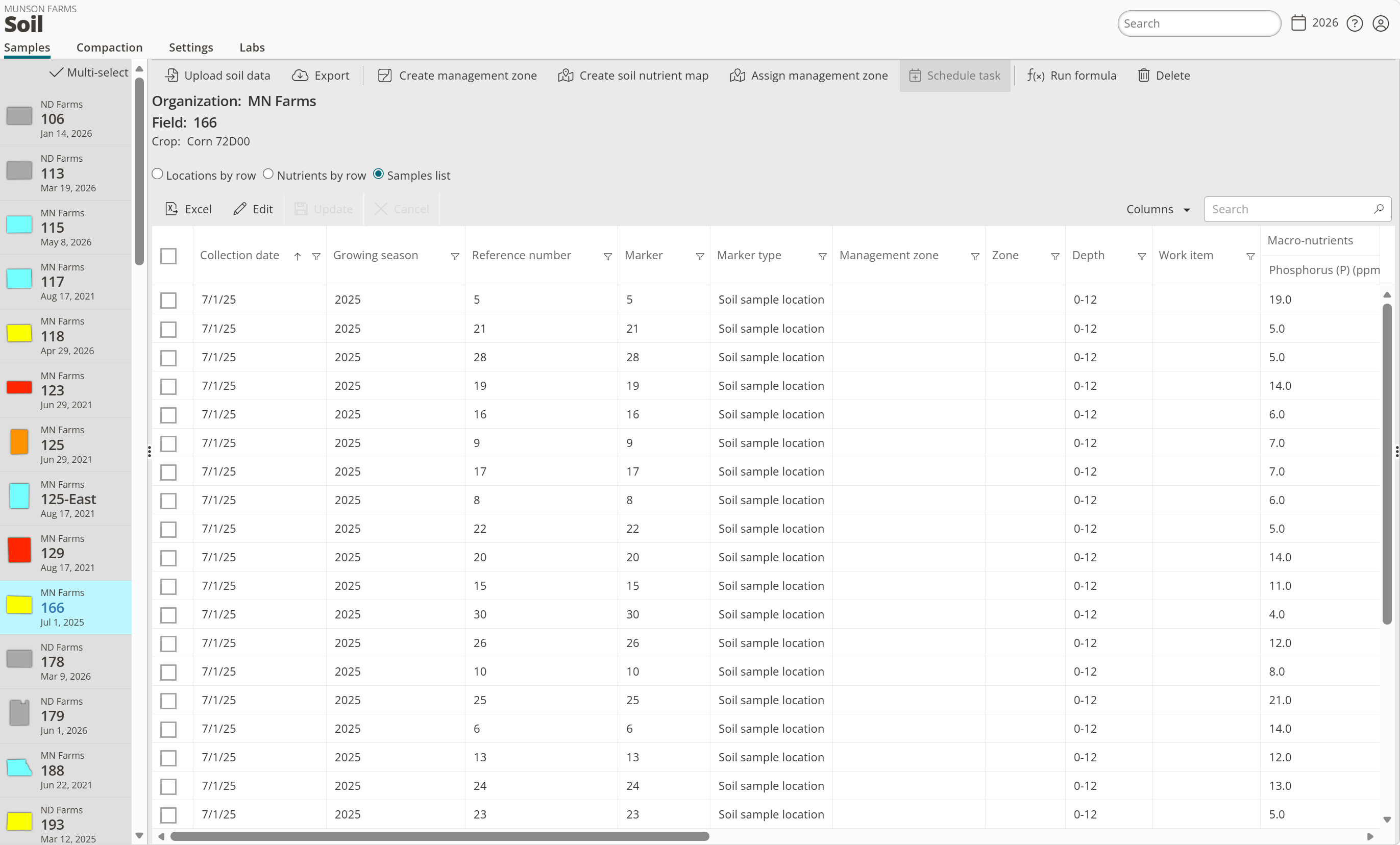 The Soil Samples tab showing a field selected with Samples list view displaying collection date, reference number, marker, and depth columns.