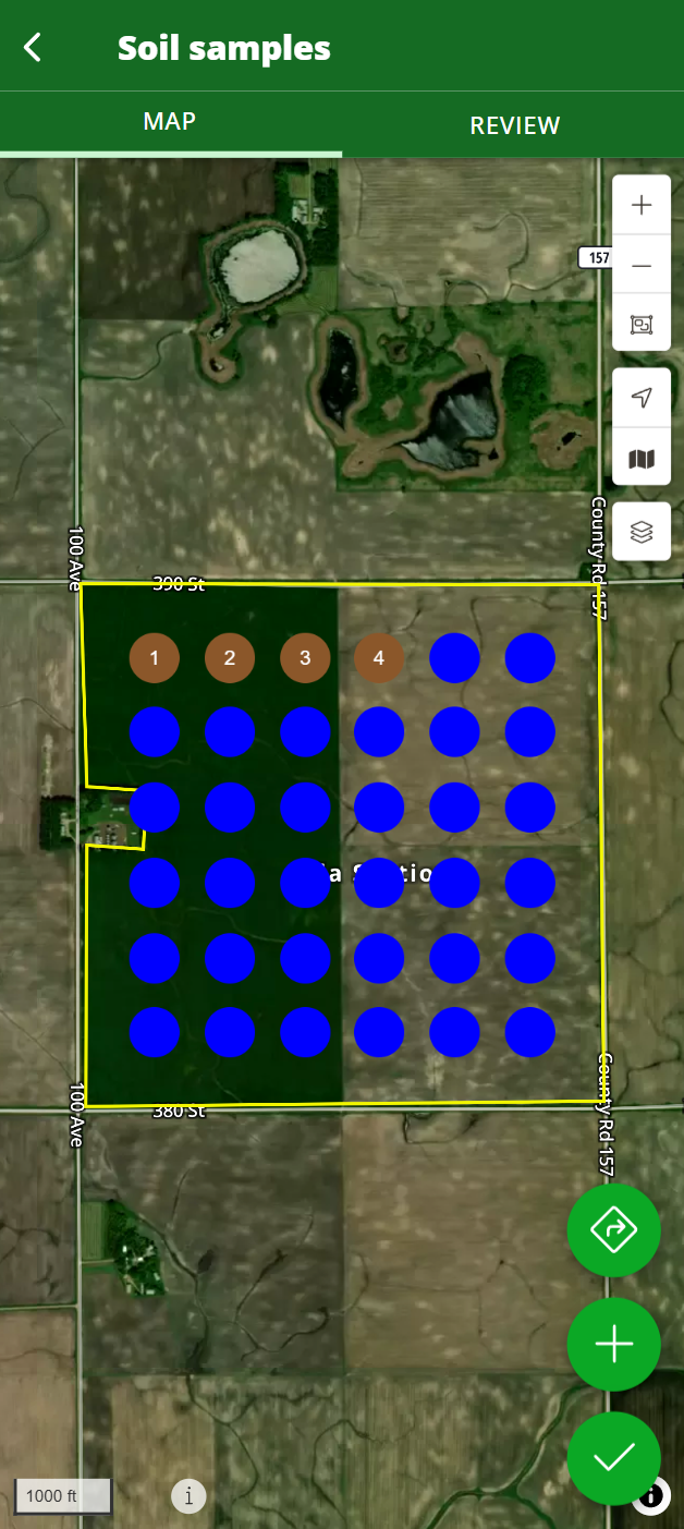 The mobile soil samples map showing numbered sample points across a field with the first few points highlighted.