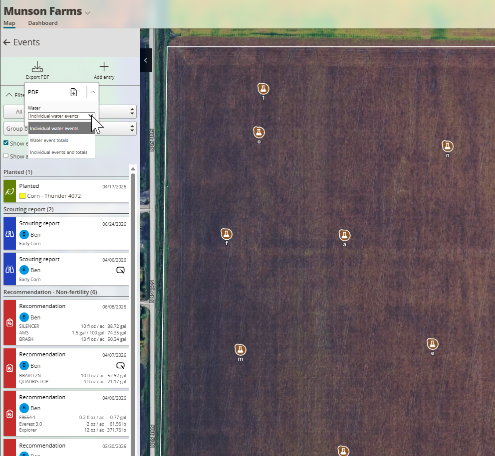 The field journal PDF export dialog with grouping mode, water events display options, and Export button.