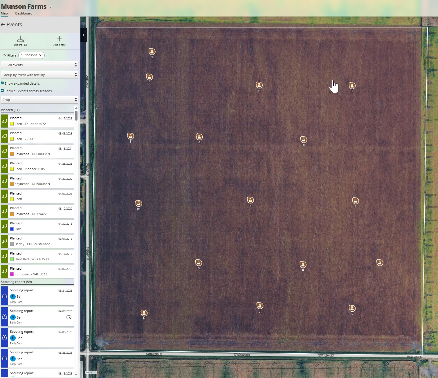 The field journal filter dropdown with Show all events across seasons checked and the Select crop dropdown visible below it.