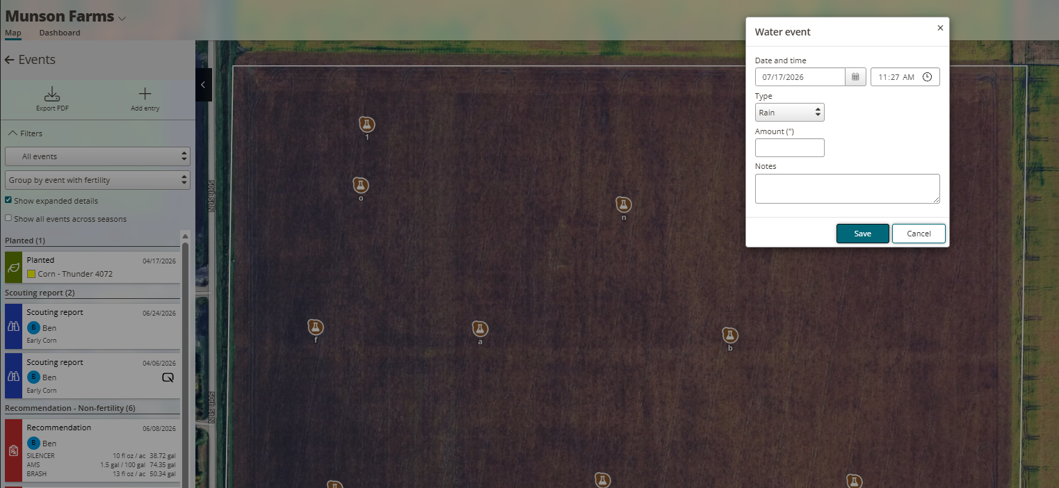 The water event entry form with Type set to Rain, an Amount field, and optional Note field.