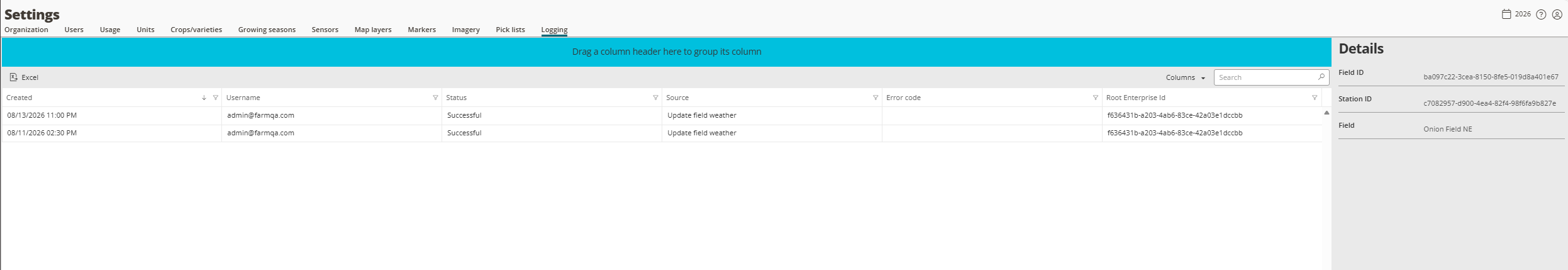 The logging page showing the log grid on the left and details pane on the right.