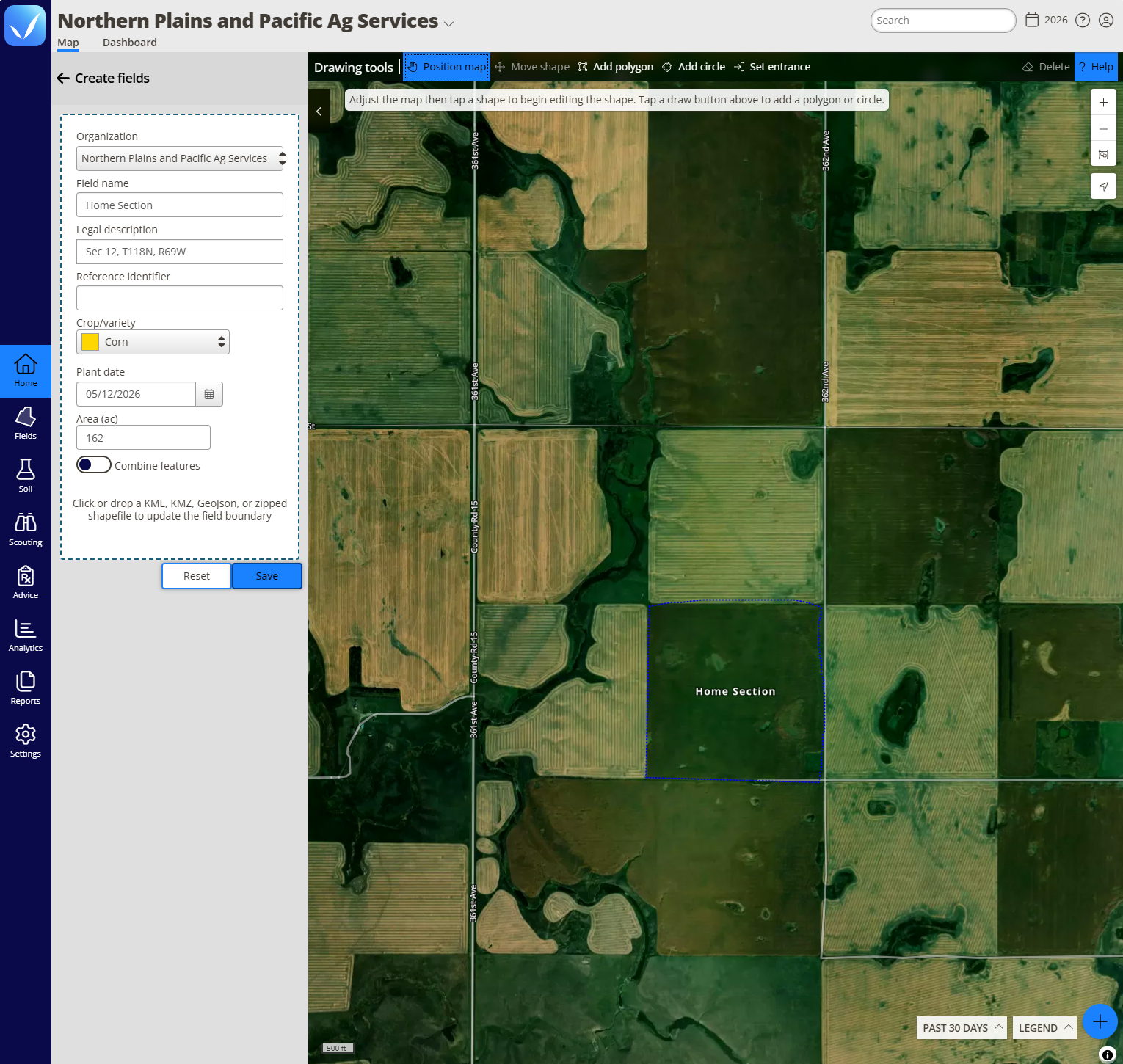 he Create fields pane with field details filled in and the Add polygon and Add circle drawing tools