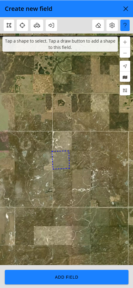 The mobile app in create-field mode with a closed polygon on the map and the Add field button at the bottom