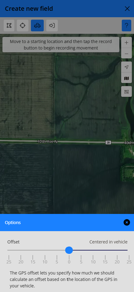 he Options drawer with the GPS offset slider, total offset, and offset direction