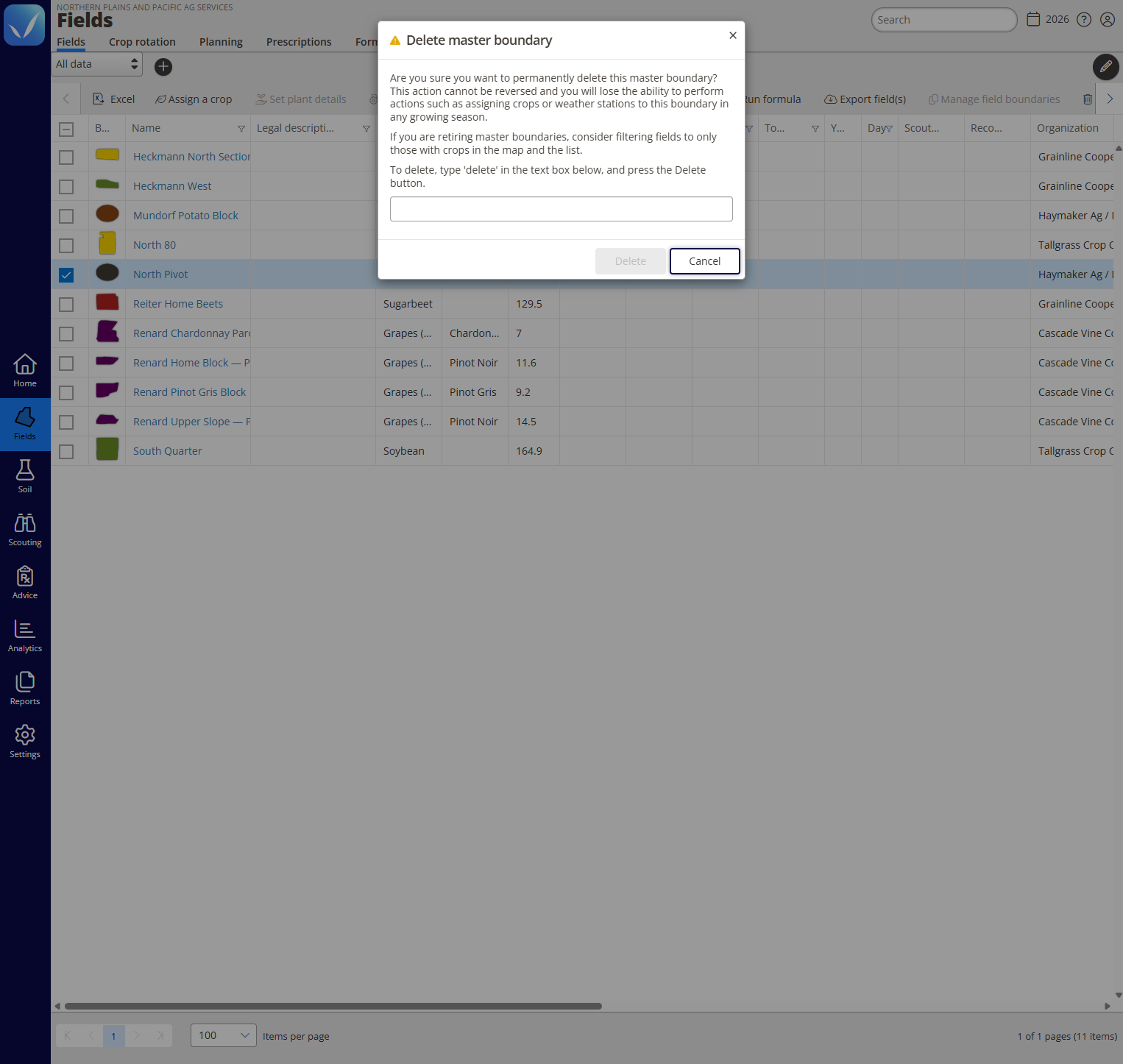 The Delete master boundary window with the confirmation text box