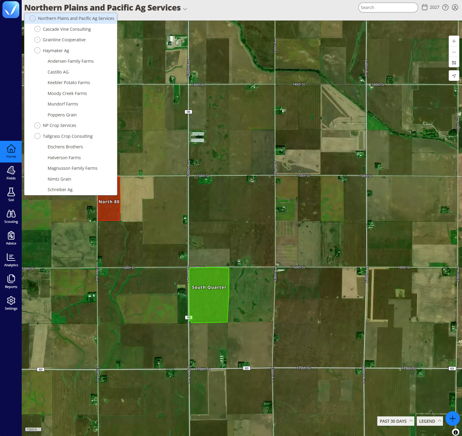 The field edit pane with the Organization dropdown open, showing the farms available to move the field into