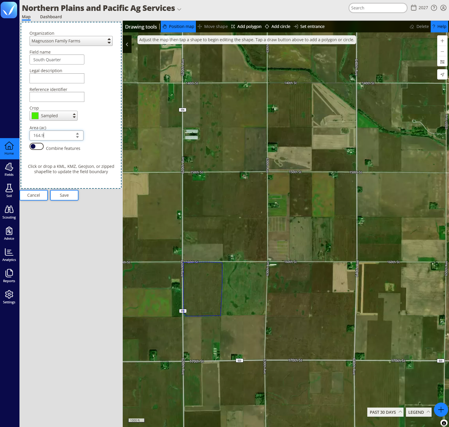 The Edit field pane with the Area (ac) box