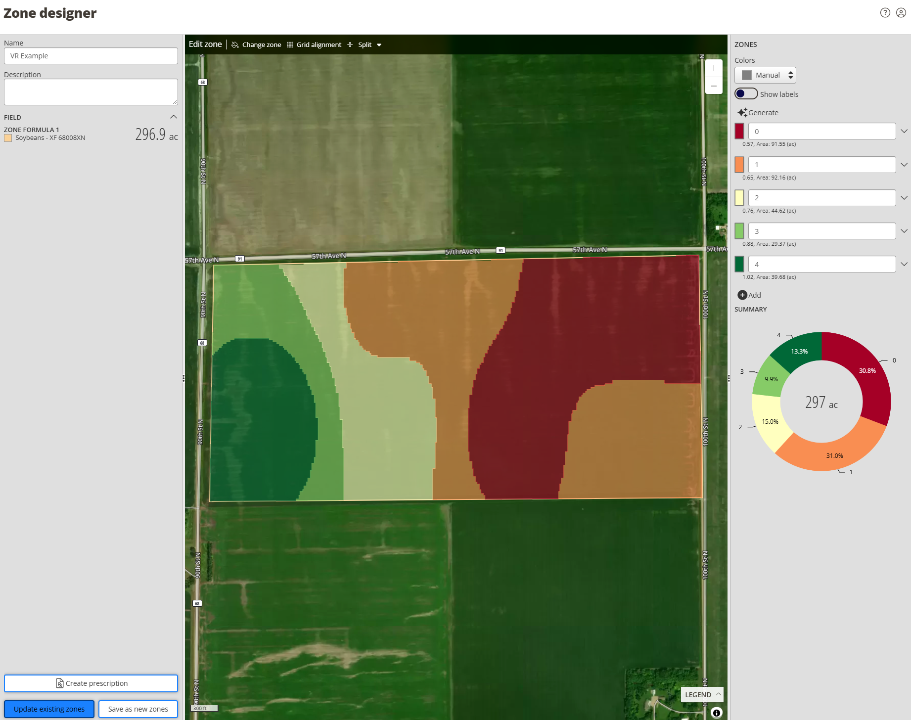 The Edit zone bar at the top of the map, showing the Change zone, Grid alignment, and Split tools
