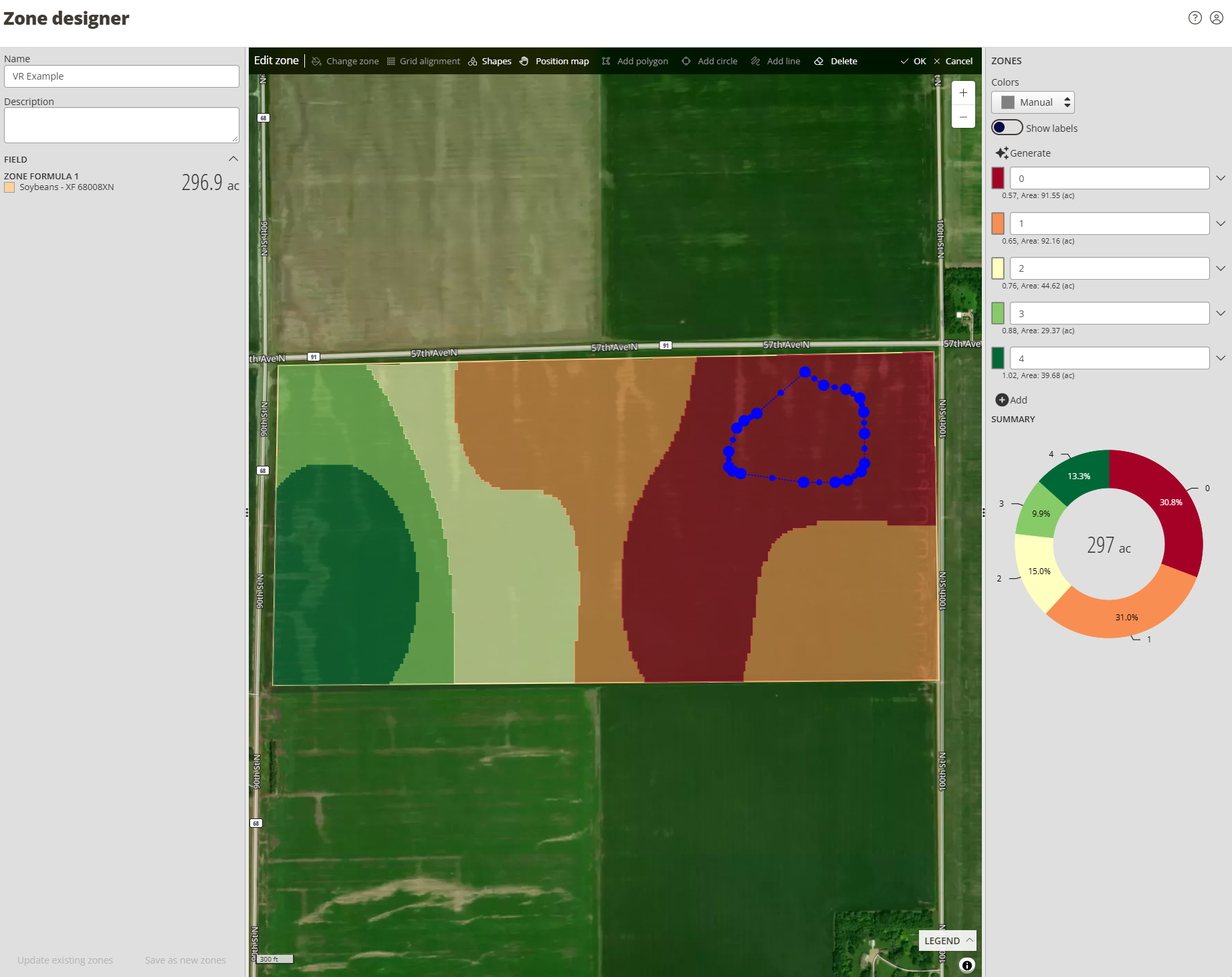 A zone map being split with a drawn polygon, showing the new zone outlined on the field