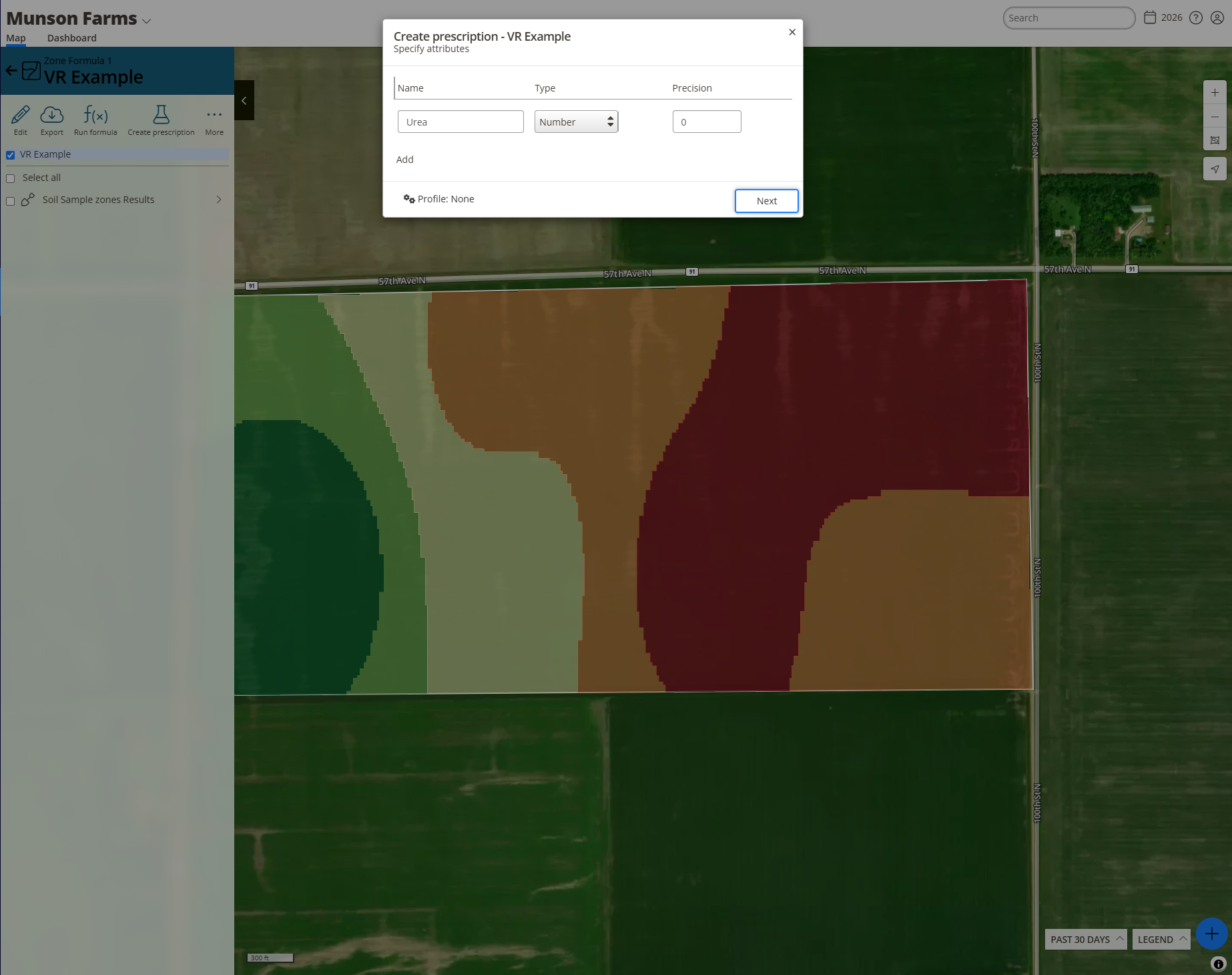 The field's map pane with the Zones list open and the Create prescription button beside a management zone