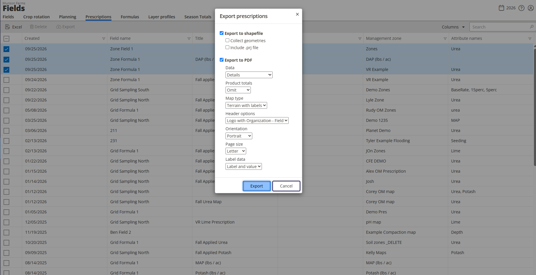 The Prescriptions tab with two prescriptions checked and the Export button at the top of the grid