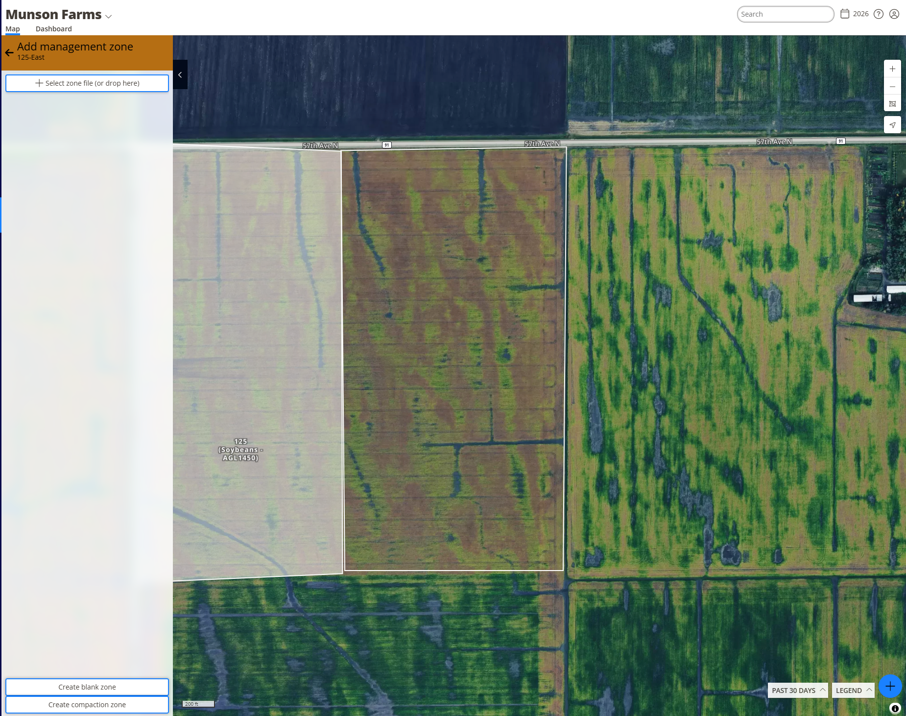 The map pane with the Management zones upload area showing Select zone file (or drop here)