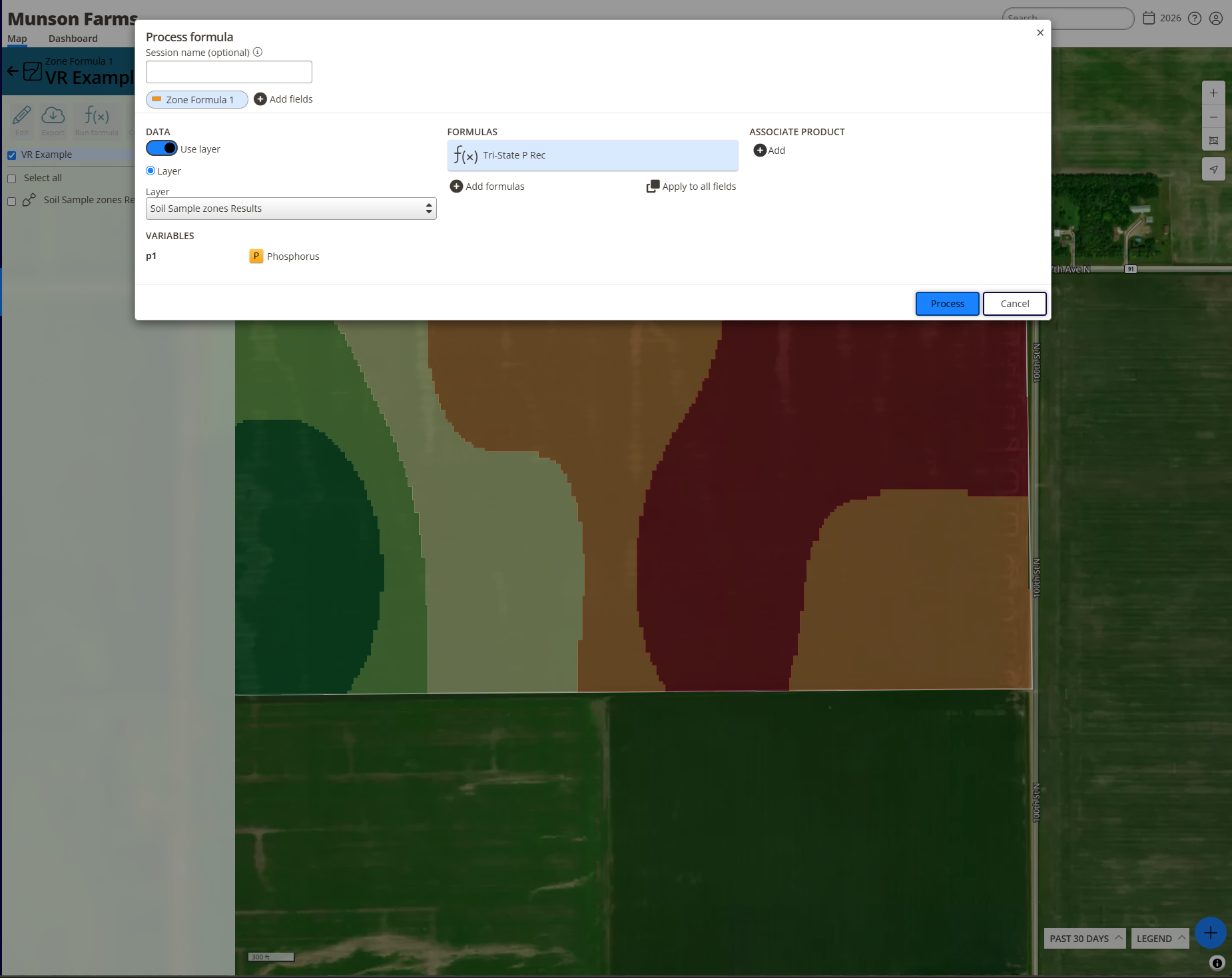 The Process formula window with one formula added and the Process button