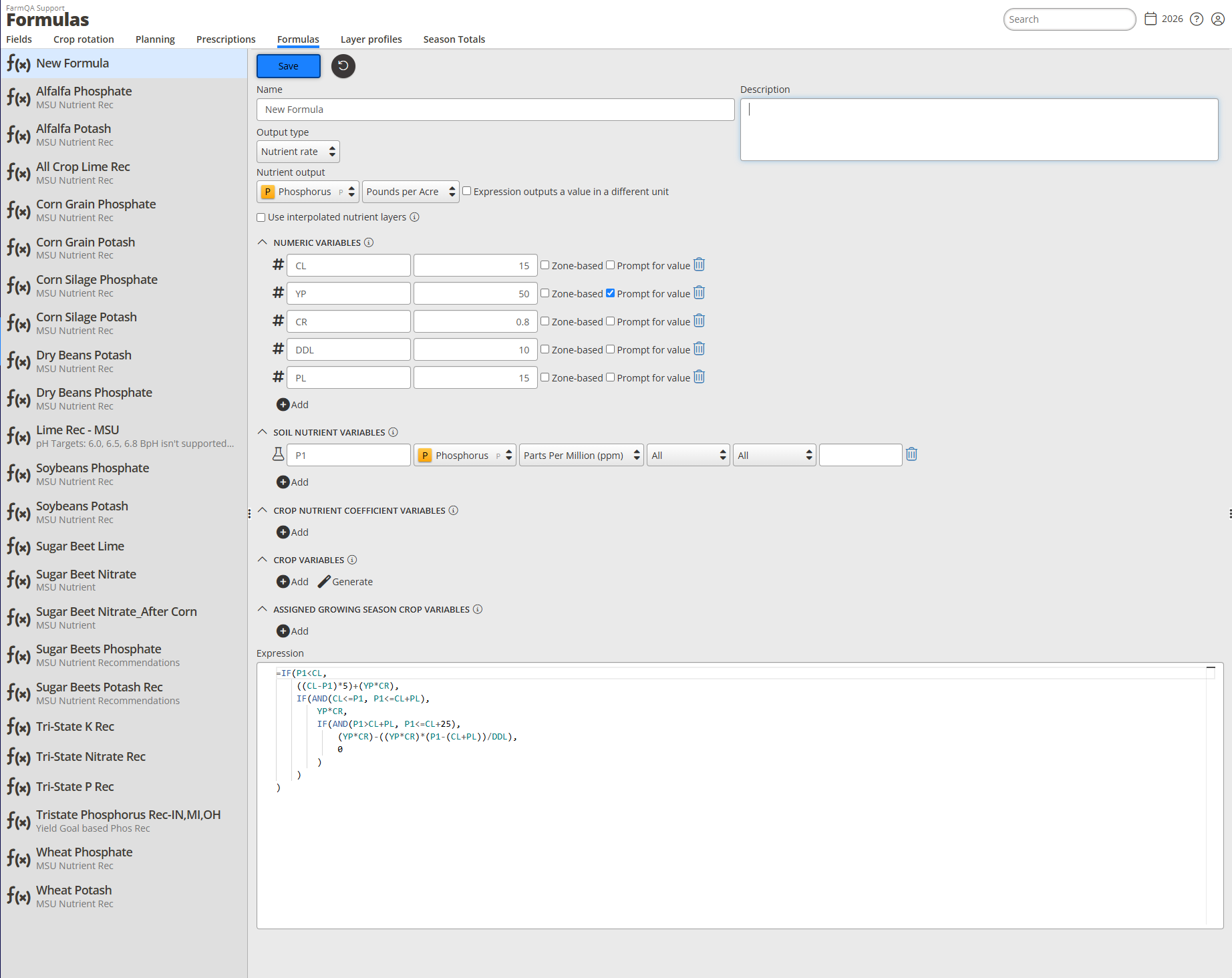 The New formula form with name, description, output type, variables, and expression filled in