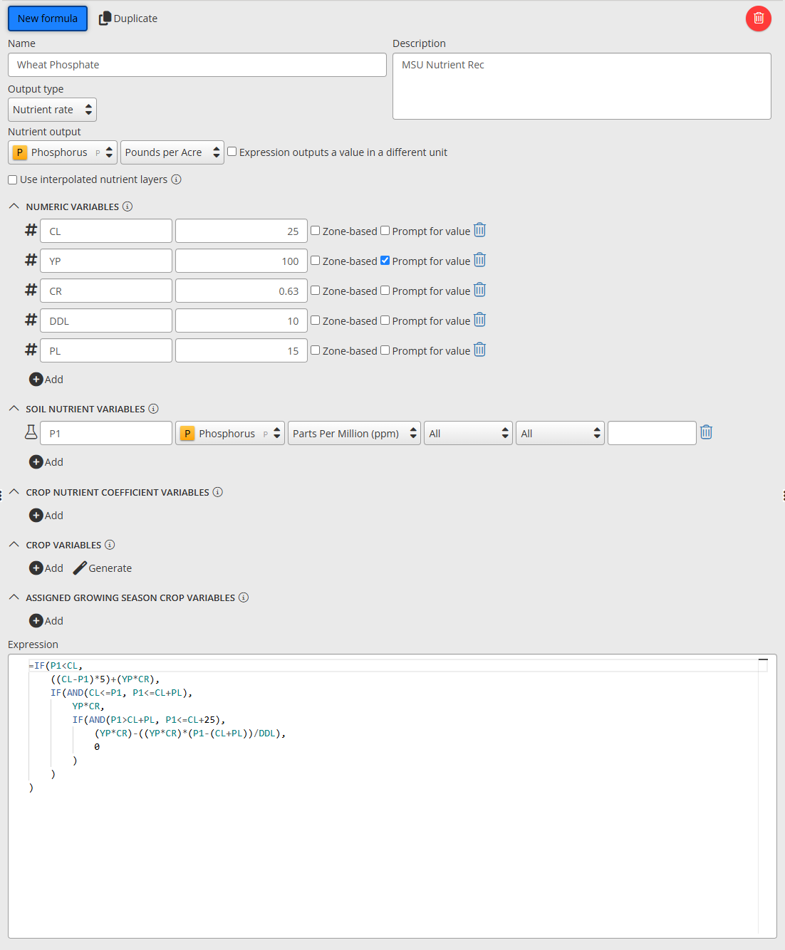 Wheat Phosphate in the formula editor, showing its output type, variables, and expression