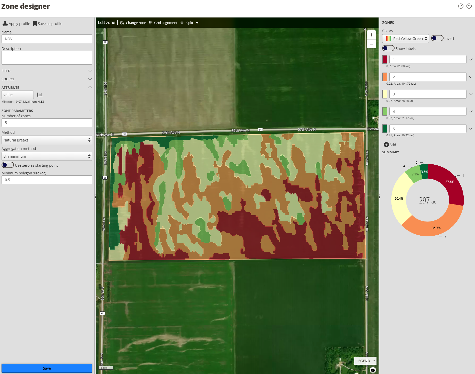 Natural Breaks zone map of the example field, with zones that follow the patterns in the NDVI image