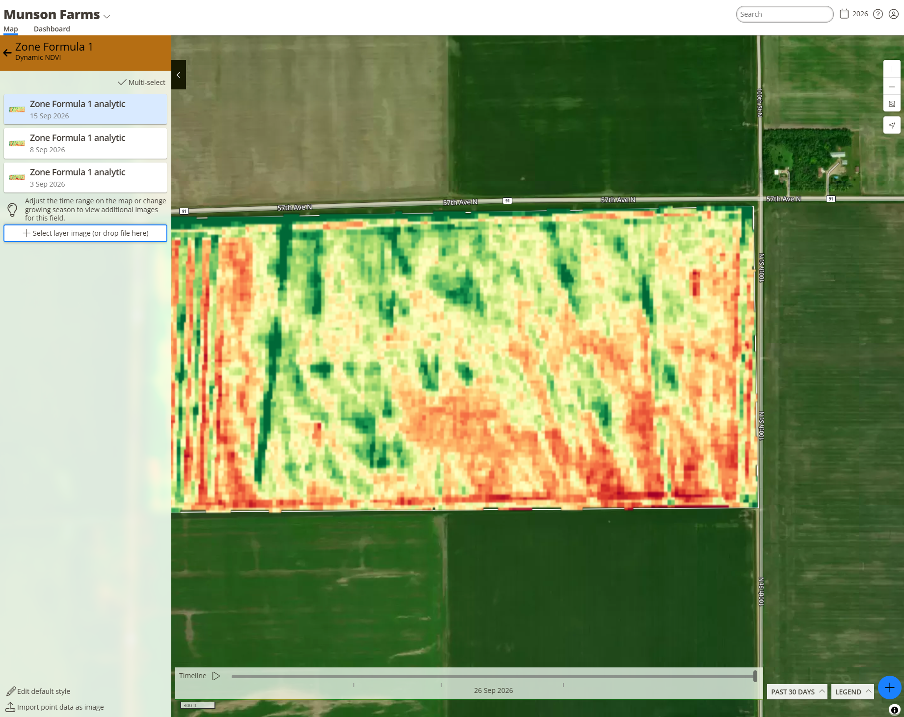 Dynamic NDVI image of the example field, with lower-NDVI areas in red along the south edge and higher-NDVI strips in green