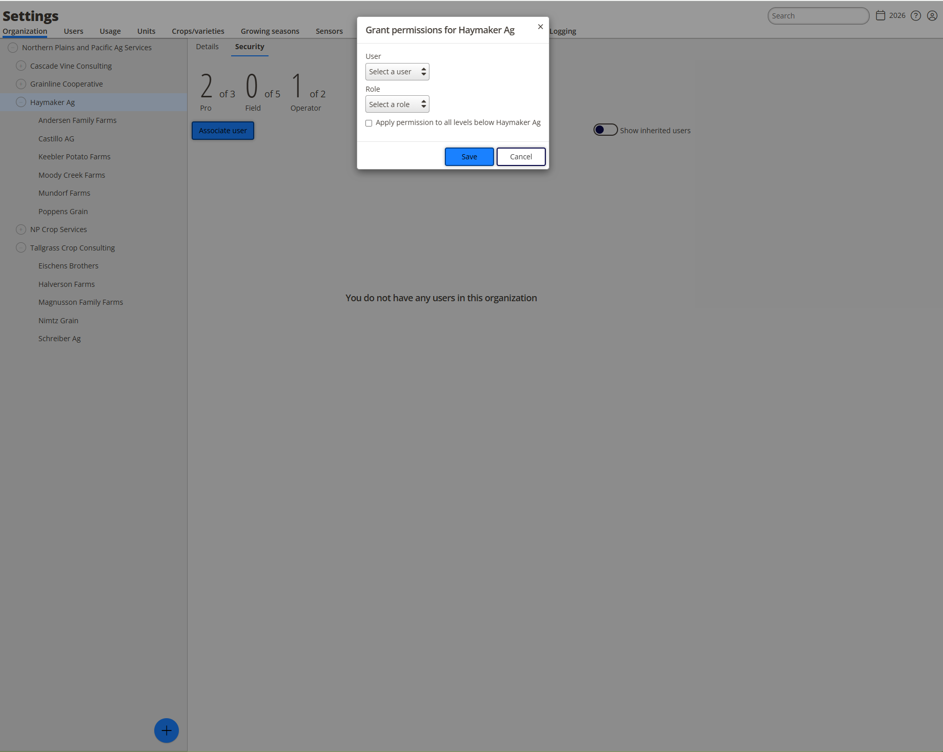 The organization Security tab with license counters at the top, the Associate user button, and the list of users]