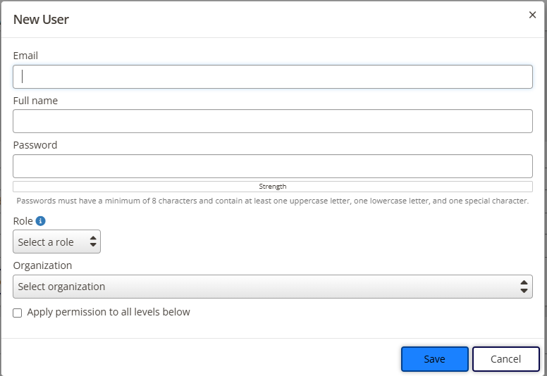 The Add User window with the email, full name, password, role, and organization fields