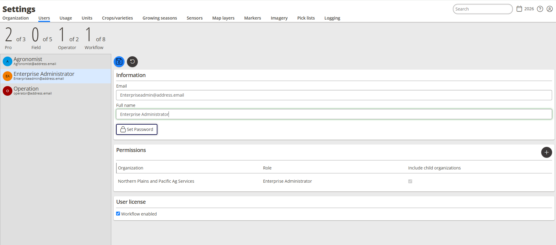 The Security tab with license counters across the top, showing Pro, Field, QA Farmer, and Operator licenses used and available