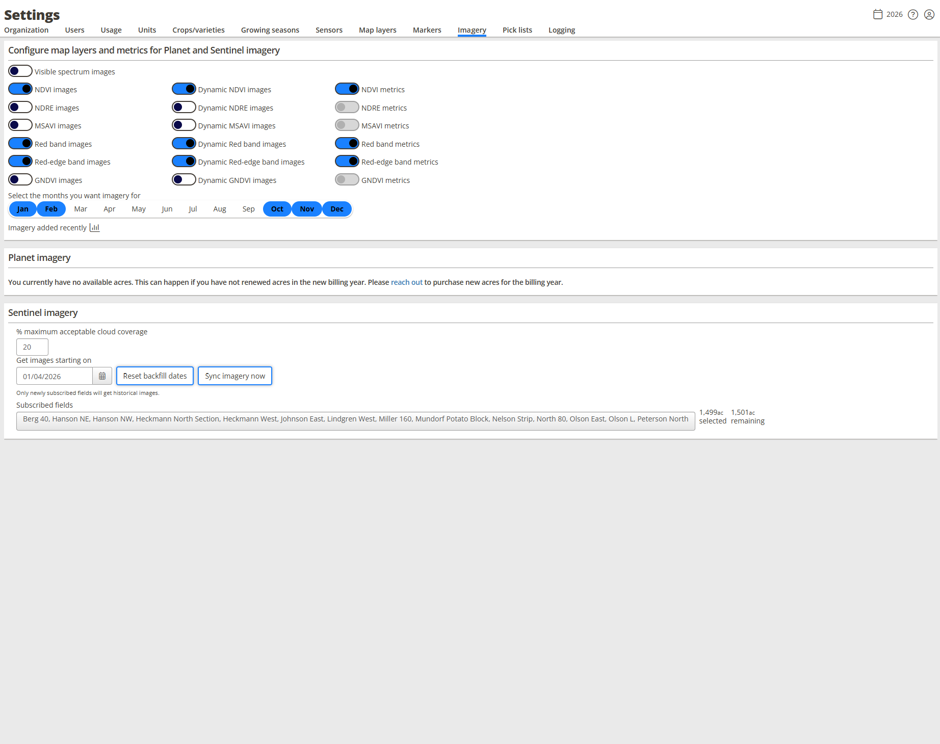 The Imagery settings page showing the Configure map layers and metrics section with layer and metric toggles
