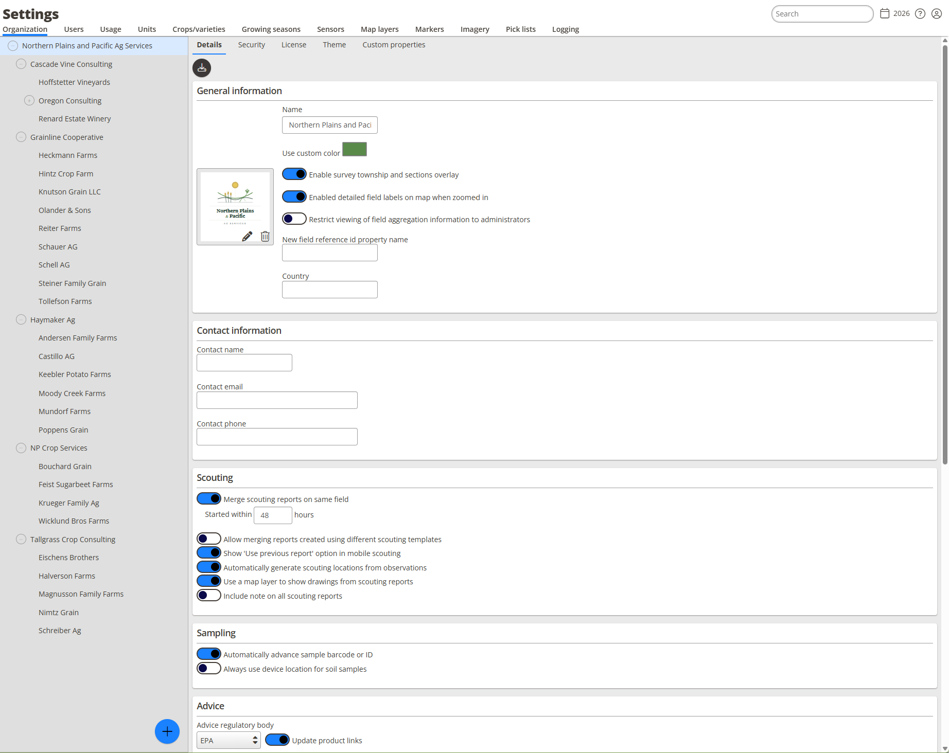 The Organization settings screen with the organization tree on the left and the Details tab open on the right