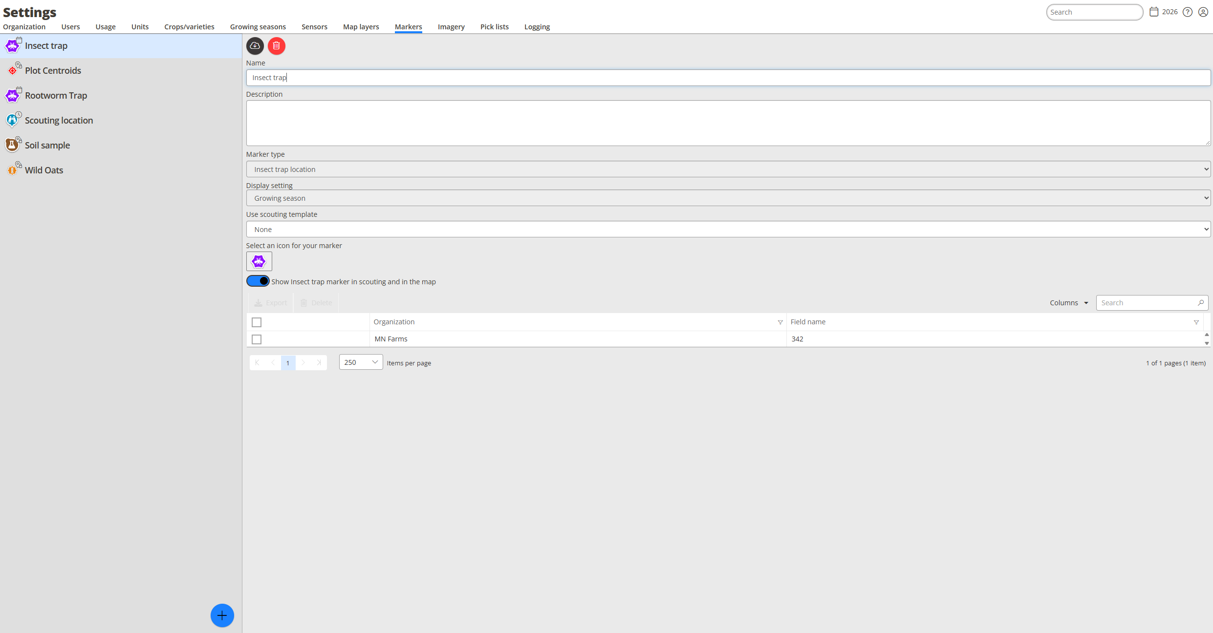  Settings › Markers with a marker type selected and the Download button above its details