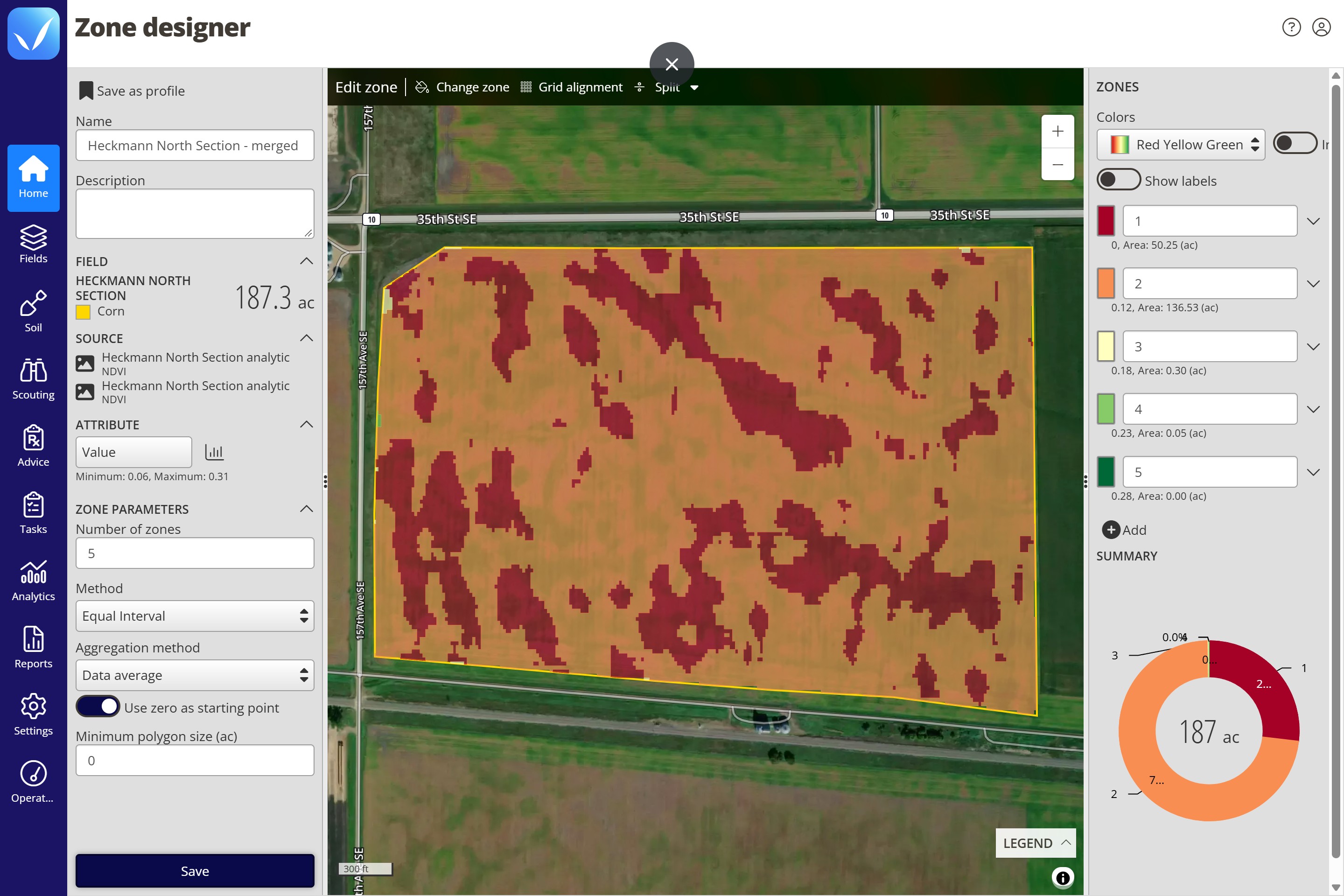 Zone Designer with the Zone parameters panel on the left and a five-zone map of the field on the right