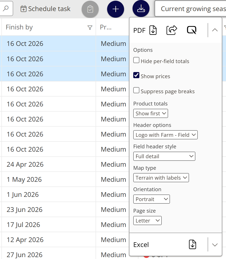 The export options for recommendations, with PDF and Excel choices and the PDF options open