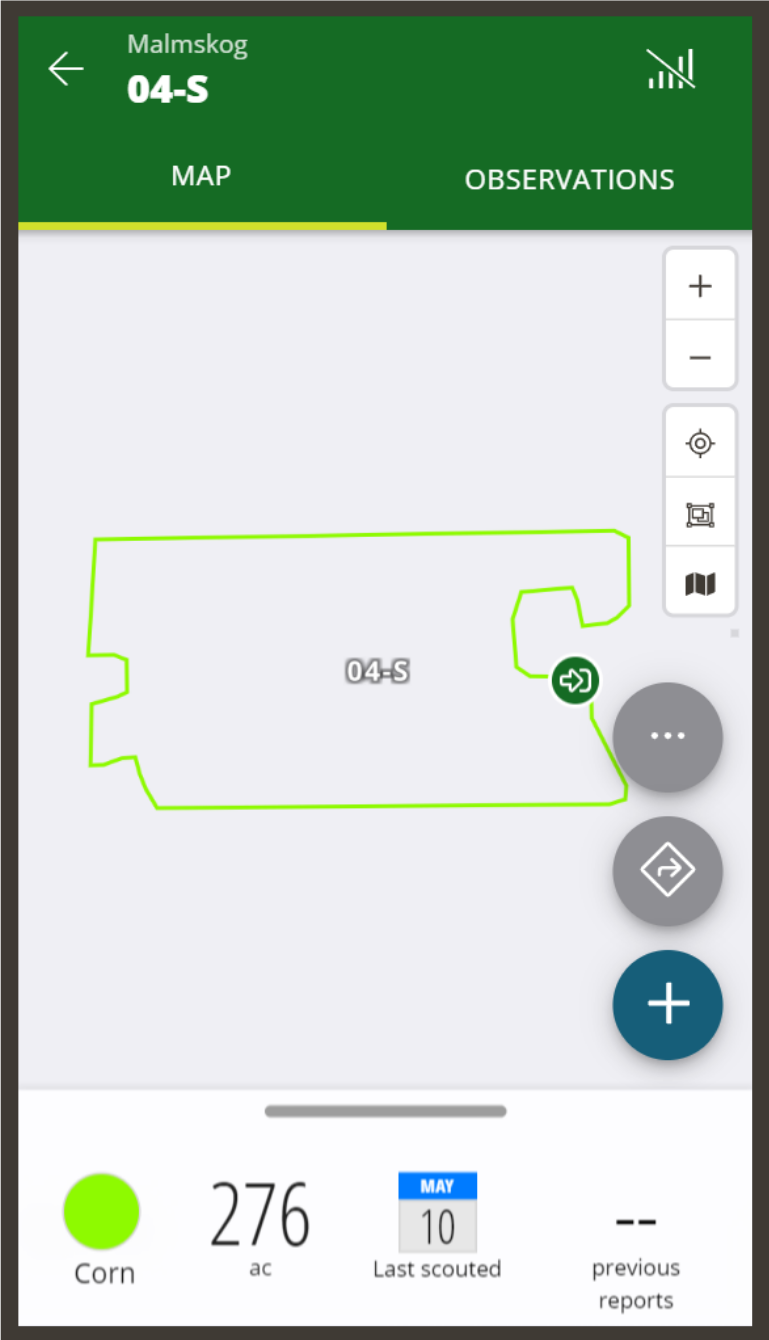 Field map in offline mode showing field boundaries without background imagery